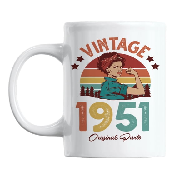 Vintage 1951 feat. a Strong Woman & Retro Sunset Ceramic Coffee & Tea Mug (11oz)