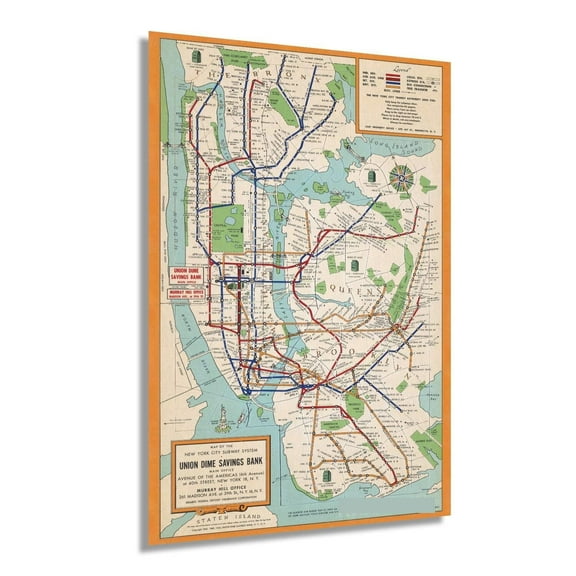 Vintage 1954 New York City Subway Map Poster Wall Art Featuring Historic NYC Transit Retro New York Decor for Home or Office