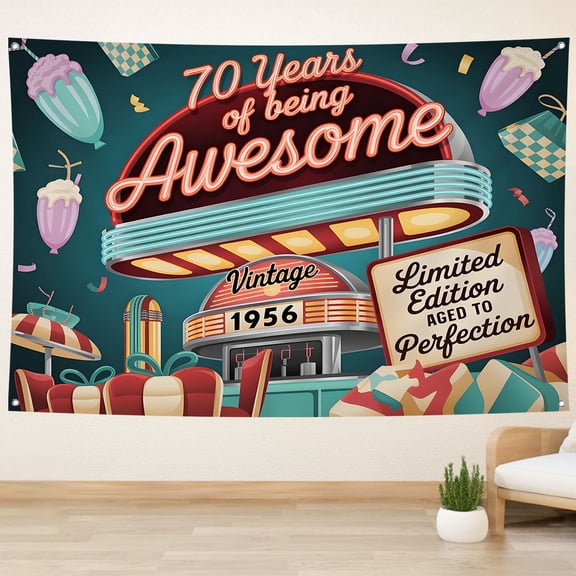 Vintage 1956 Happy Birthday Backdrop 70 Years of Being Awesome Background Ice Cream Gift Box Back in 1956 Theme 70th Anniversary Party Decorations Banner Photo Booth Props
