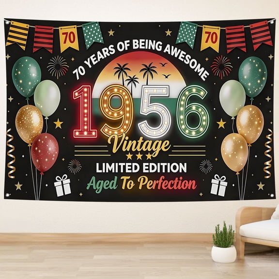 Vintage 1956 Happy Birthday Backdrop Cheers to 70 Years Birthday Background Sunset Palm Tree Balloons Back in 1956 Theme 70th Anniversary Party Decorations Banner Photo Booth Props