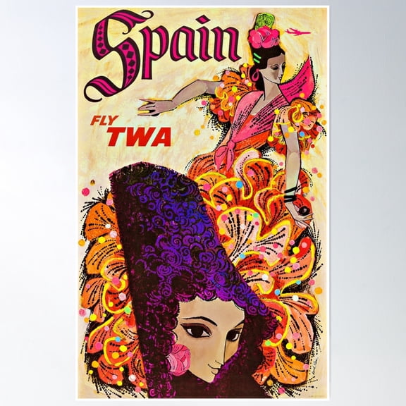 Vintage 1960'S Fly Twa To Spain Travel Advertisement! Poster Wall Art, Modern Wall Decor, 12x18 UNFRAMED