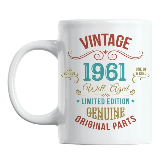 Vintage 1961, Well Aged, Birthday Year White Ceramic Coffee & Tea Mug (11oz)