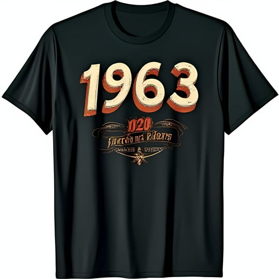 Vintage 1963 Graphic Black T-Shirt with Ornate 'Sixty five Years' Design