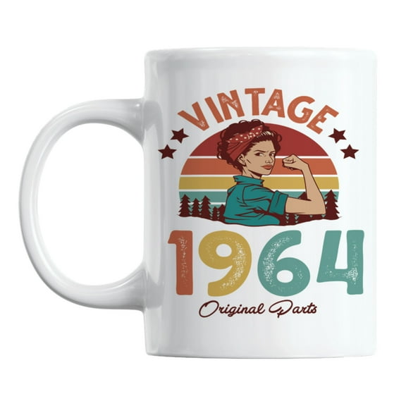 Vintage 1964 feat. a Strong Woman & Retro Sunset Ceramic Coffee & Tea Mug (11oz)