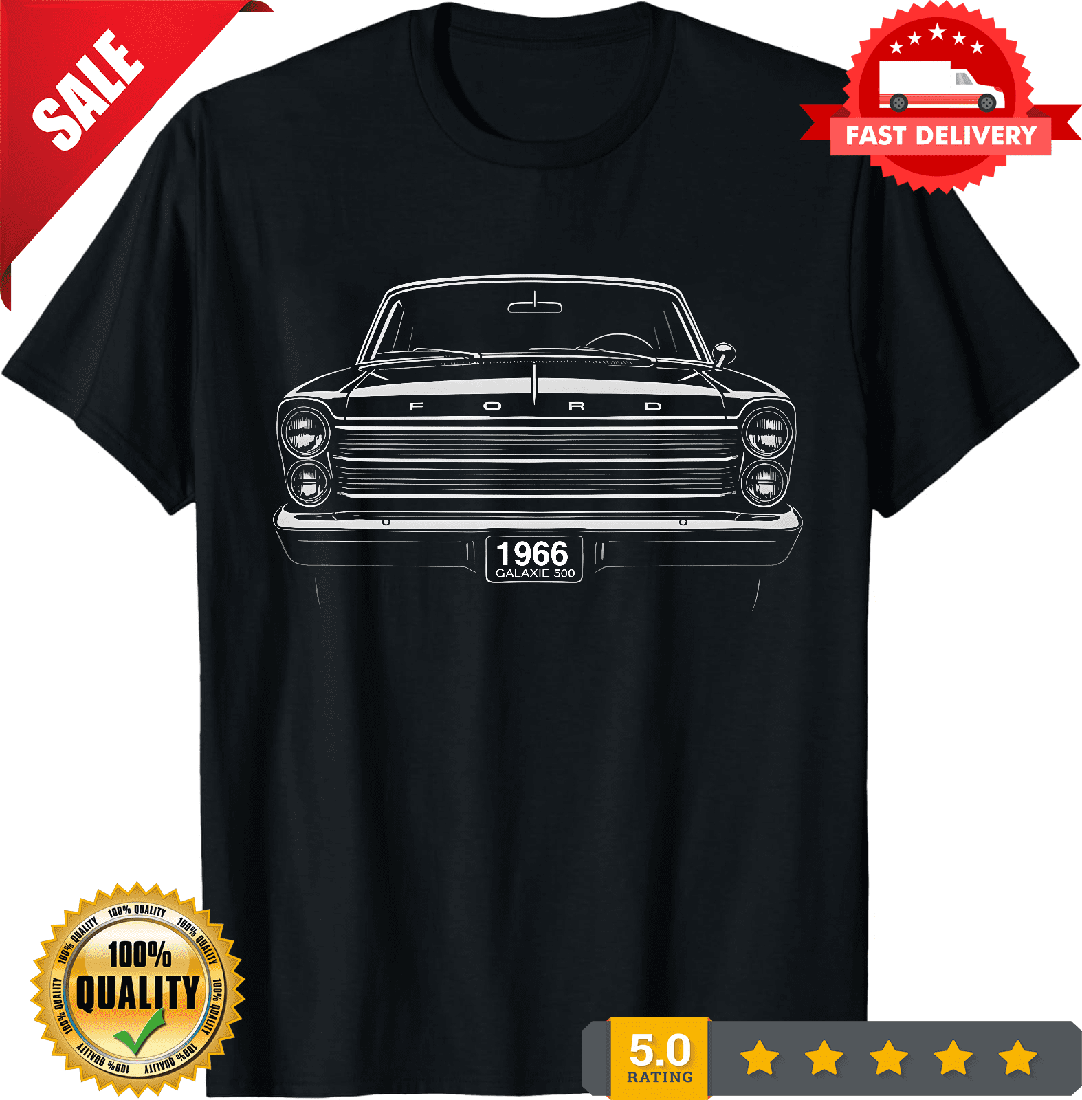 Legends Bodybuilder Vintage 1966 Ford Galaxie 500 T-Shirt Front View Line Art Classic Car ...