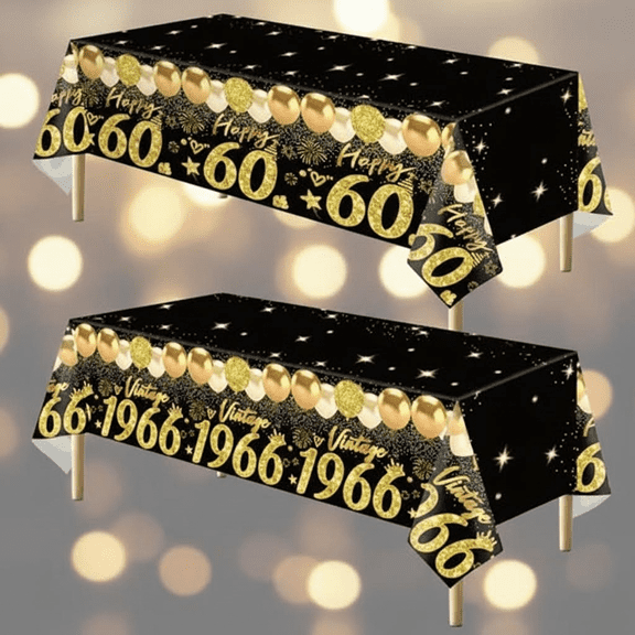Vintage 1966 Theme 60th Birthday Tablecloth Set - 2-Piece Black and Gold Rectangular Plastic Table Cover for Anniversary Party Decorations
