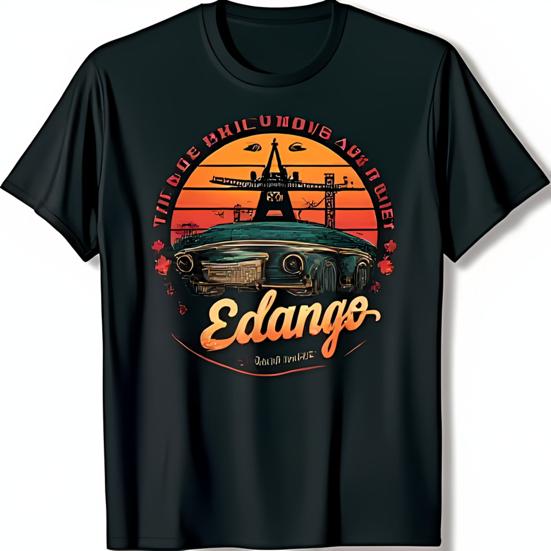 Vintage 1970s Edango Car Graphic TShirt Blue Car Over Hill with Sunset