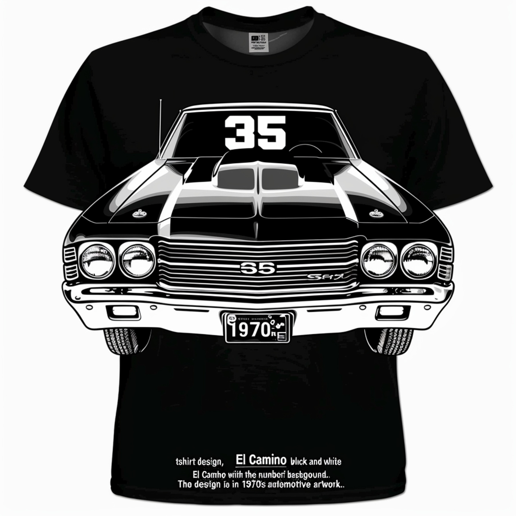 Vintage 1970s El Camino 35 Hood Design Black TShirt Retro Automotive Artwork Tee Classic Car