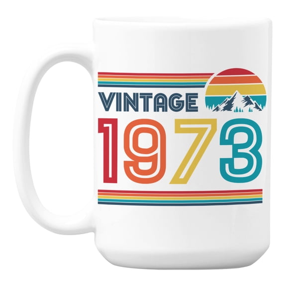 Vintage 1973 feat. Retro Sunset White Ceramic Birthday Coffee & Tea Mug (15oz)