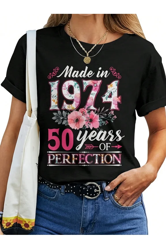 Vintage 1974 Floral 50th Birthday T-Shirt for Women, 50 Years of Perfection Retro Graphic Tee, Elegant Birthday Gift Idea for Her, Comfortable Short Sleeve Cotton Top