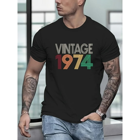 Vintage 1974 Print, Men's Round Crew Neck Short Sleeve, Simple Style Tee Fashion Regular Fit T-Shirt, Casual Comfy Breathable Top For Spring Summer Holiday Leisure Vacation Men's Clothing As Gift