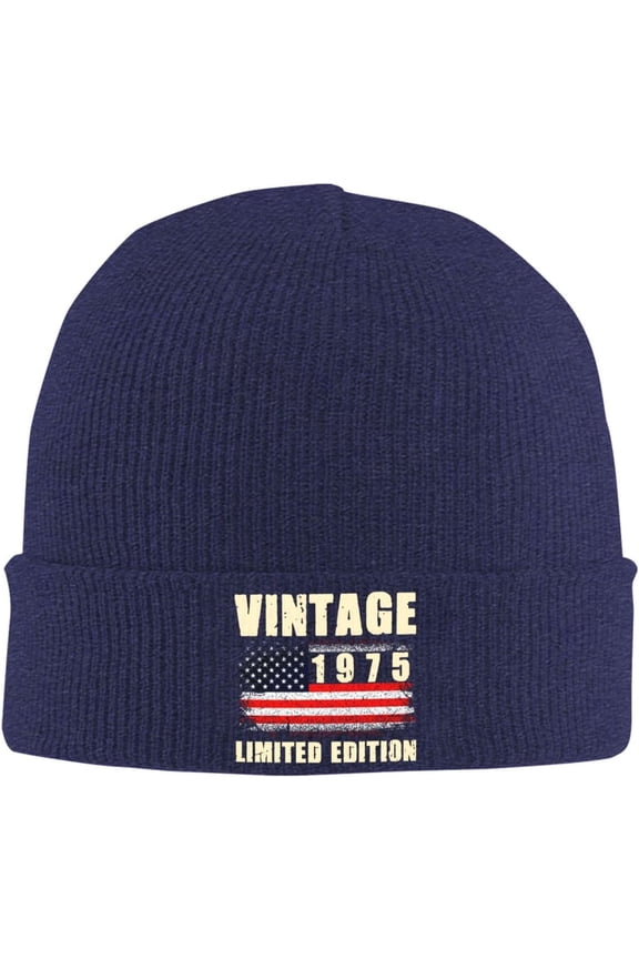 Vintage 1975 50th Birthday Gifts 50 Year Old American Flag Beanie Hats for Men Women Knit Skull Cap Warm Winter Hats