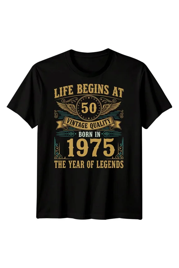 Vintage 1975 Life Begins At 50 Funny 50th Birthday Gift Unisex T-Shirt, for men & women, up to size 5XL