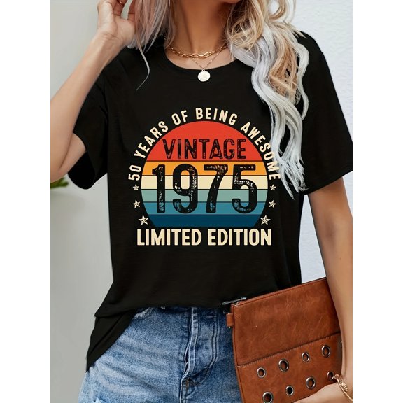 Vintage 1975 Limited Edition Women's T-Shirt Casual Crew Neck Short Sleeve Top All-Season Regular Length Tee with Alphabet Print