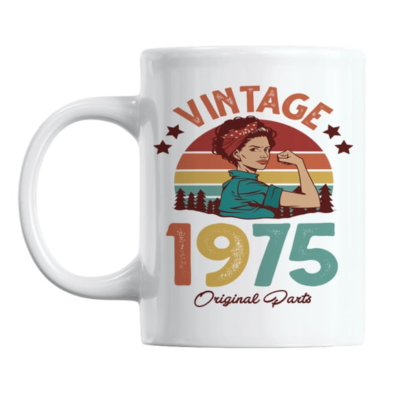 Vintage 1975 feat. a Strong Woman & Retro Sunset Ceramic Coffee & Tea Mug (11oz)