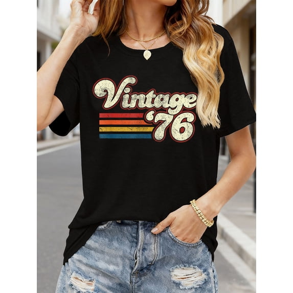 Vintage 1976 Birthday Print T-Shirt | Short Sleeve Crew Neck Casual Top for Summer & Spring, Women'S Clothing
