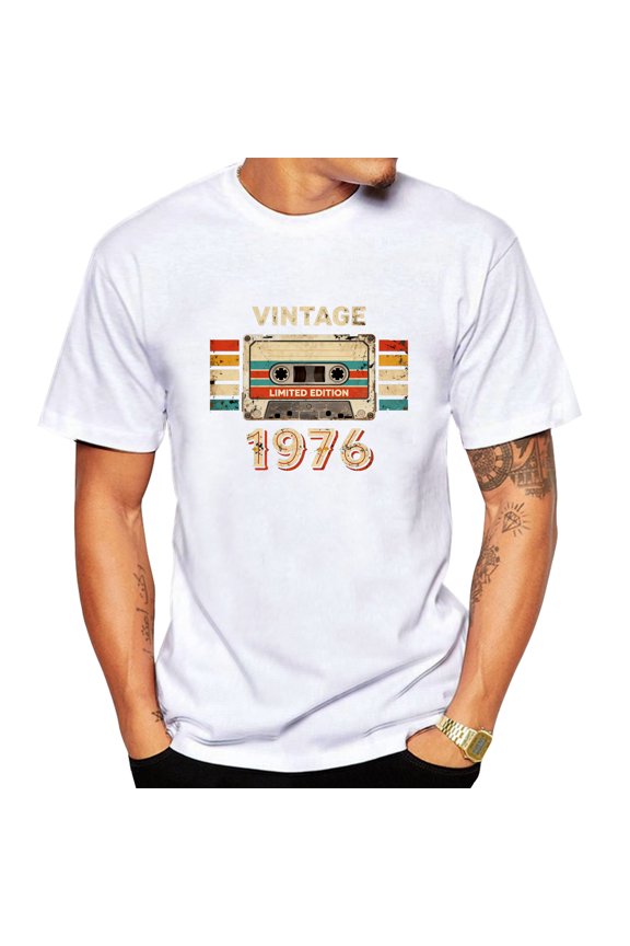 Vintage 1976 Men's Crew Neck Graphic T-Shirt for Summer, Soft Cotton Short Sleeve Tee with Cool Print for Casual Comfort