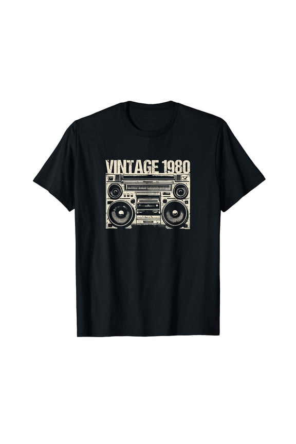 Vintage 1980 Boombox Music and Hip Hop Lover Birthday Black T-Shirt