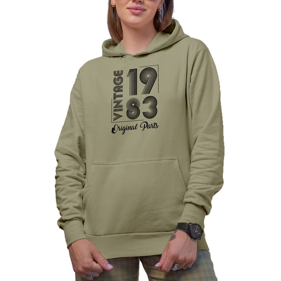 Vintage 1983 Original Parts, Dad or Mom's Birthday, 80s B-day Celebrant, Sand Hooded Sweatshirt or Hoodie, XL