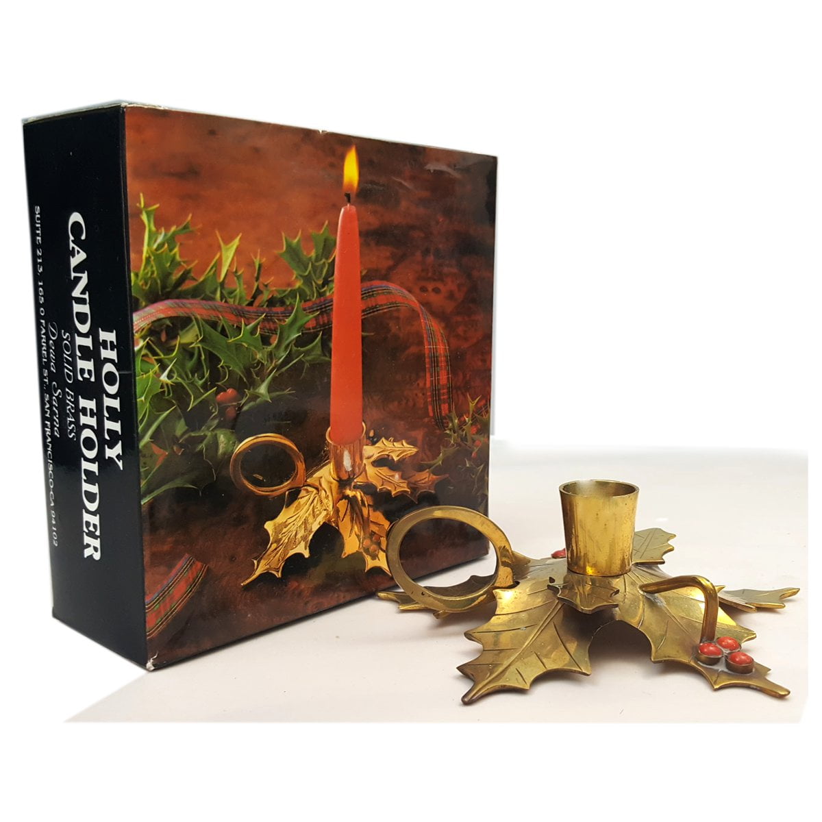 Vintage 1987 Sarna Solid Brass Holly Candle Holder