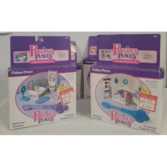 Vintage 1988 Fisher-Price Precious Places w/ Magnetic Key Furniture - Lot of 4