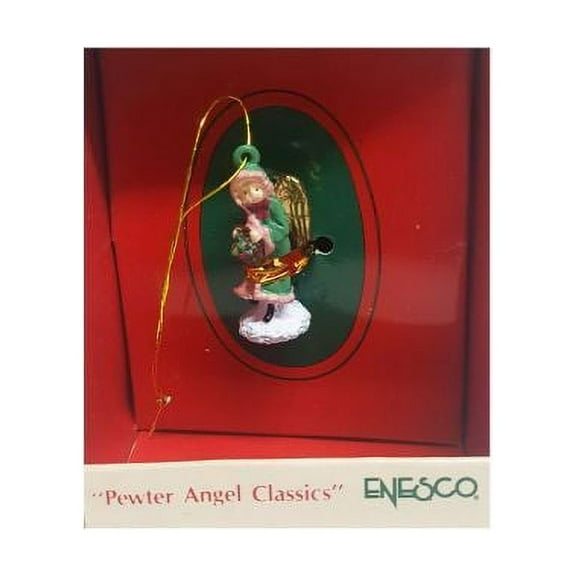 Vintage 1989 Enesco Small Wonders Pewter Angel Classics Miniature Ornament - Green & Pink Cloak