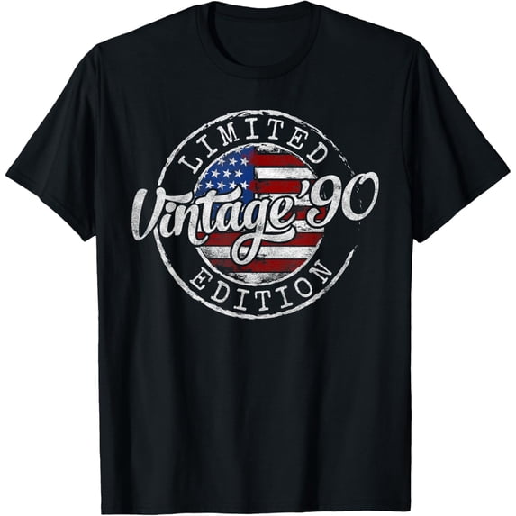 Vintage 1990 Flag Stamp 34th Birthday Gifts 34 Year Old T-Shirt men and women can wear, black, white, gifts
