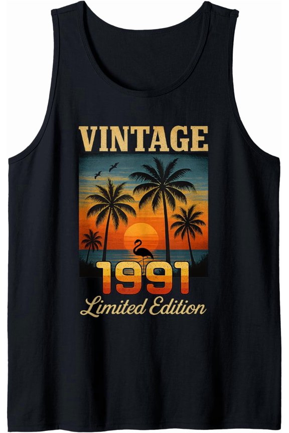 Vintage 1991 Limited Edition 34 Years Birthday Flamingo Palm Tank Top Size S-3XL