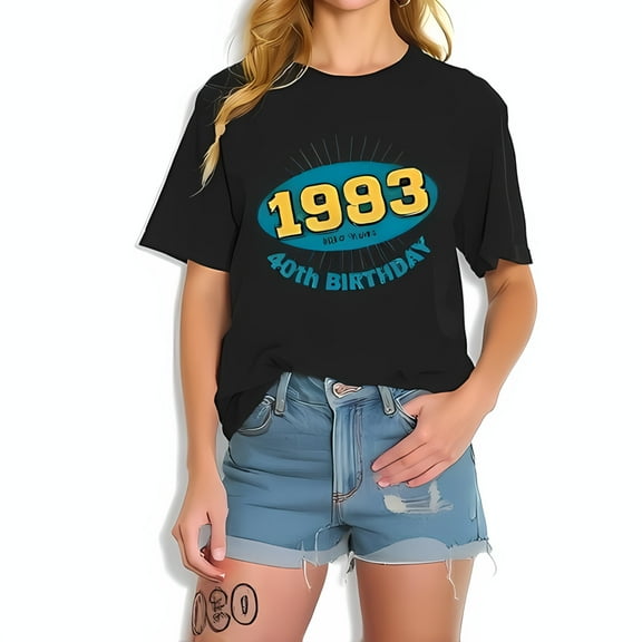 Vintage 1993 40th Birthday Cotton Short Sleeve T-Shirt with Teal & Yellow Oval Graphic