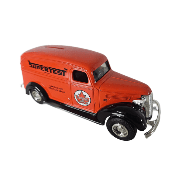 Vintage 1993 ERTL SuperTest Gas Oil 1938 Chevy Panel Truck Die-cast Bank 1:25 Scale (Orange/Black)