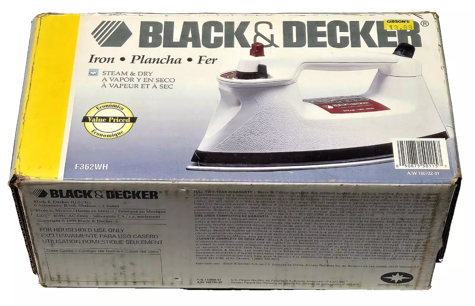 Vintage 1995 Black Decker F362WH Iron Light N Easy Steam Dry 7 Settings