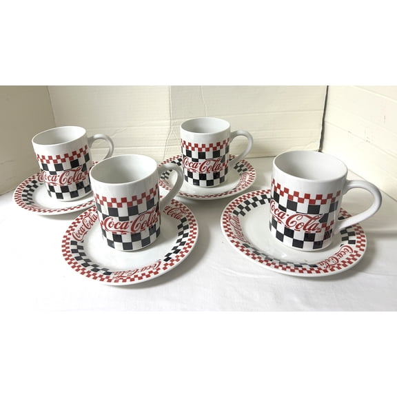 Vintage 1996 Gibson Coca-Cola 8 Pc Stoneware Snack Set -4 Dessert Plates & 4 Mugs