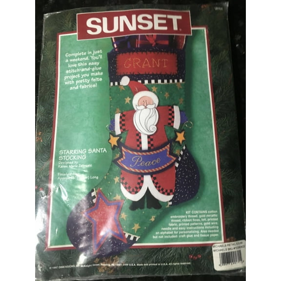 Vintage 1997 Sunset Dimensions STARRING SANTA Christmas Sunset Starring Santa 15" Felt Christmas Stocking Kit Quick Project