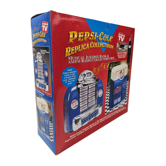Vintage 1998 Pepsi Cola Replica Collectables Musical Jukebox Bank, AM/FM Radio, Flashlight