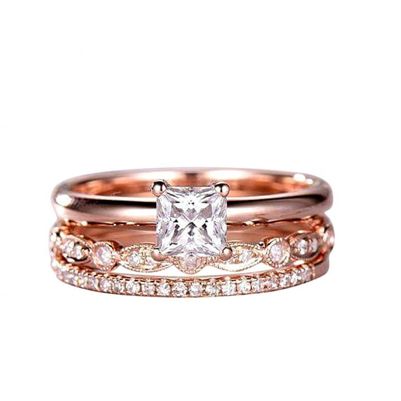 Vintage 2 Ct Princess Cut Moissanite Diamond Trio Wedding Ring Set In 10K Rose Gold, Promise Ring, Anniversary Ring