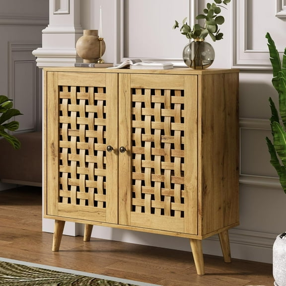 Vintage 2-Door Storage Cabinet, Basket Weave Wooden Doors, Kitchen Sideboard with Adjustable Shelves, Coffee Bar Cabinet for Living Room, Hallway, Entryway, Dining Room, Natural Wood Color