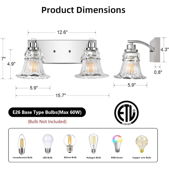 Vintage 2-Light Bathroom Vanity Light, Chrome Bathroom Light Fixtures with Floral Clear Glass Shades, Antique Wall Sconce Fixtures for Dressing Table, Bedroom
