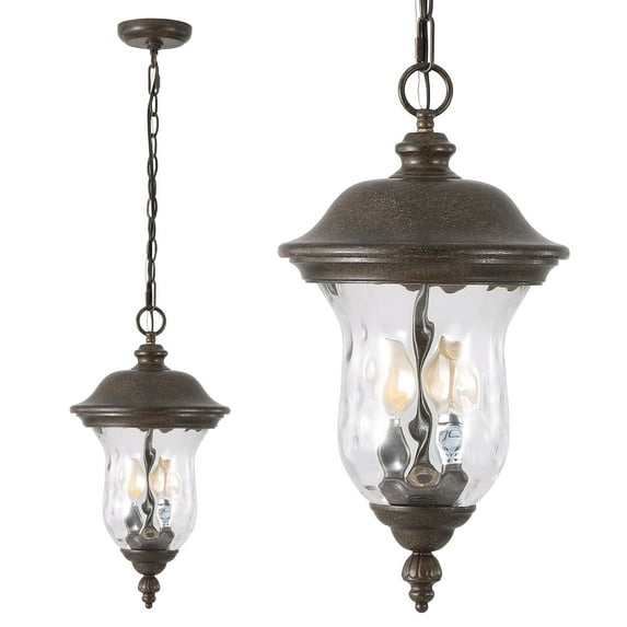 Vintage 2-Light Outdoor Hanging Lantern with Adjustable Chain, 19-Inch Bronze Exterior Pendant, Weatherproof Hanging Light Fixture with Clear Glass and E12 Base for Porch and Patio