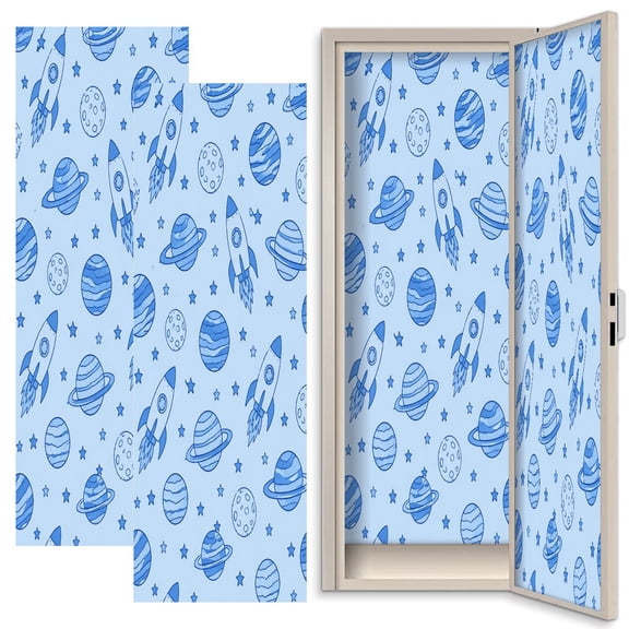 Vintage 2 Pcs School Locker Magnetic Wallpaper 12" x 36" Seamless Blue Space Rockets Planets Stars Reusable Removable Locker Accessories Back to School Supplies