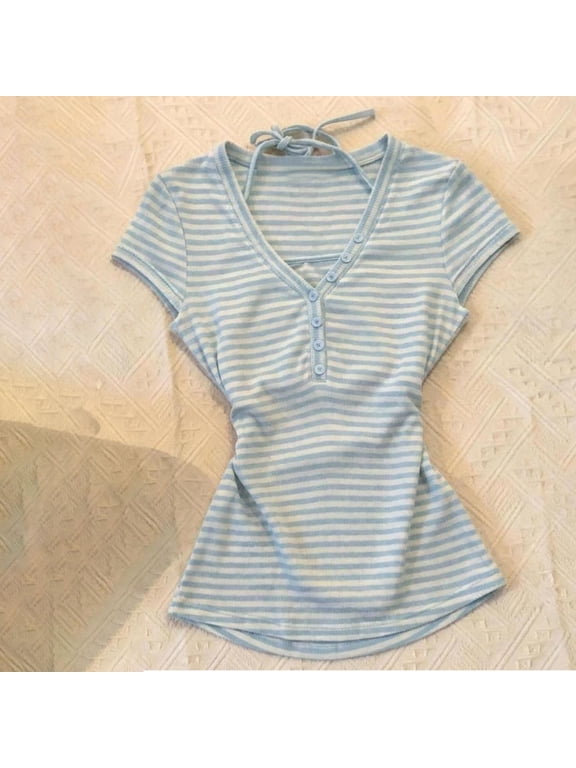 Vintage 2000s Clothing Y2k Halter Neck T-Shirt Aesthetic Mori Kei Whimsy Clothes (Blue M)