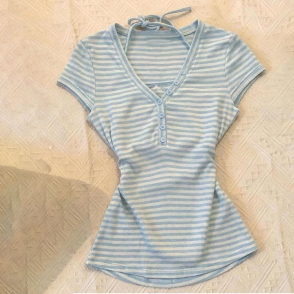 Vintage 2000s Clothing Y2k Halter Neck T-Shirt Mori Kei Whimsy Clothes (Blue S)