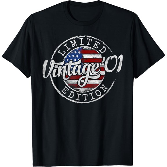 Vintage 2001 Flag Stamp 23rd Birthday Gifts 23 Year Old T-Shirt men and women can wear, black, white, gifts