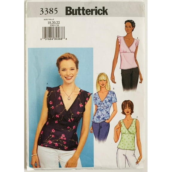 Vintage 2002 Butterick 3385 Easy Misses Top Pattern 3 Styles Semi-fit Pullover Raised Waist, Mock-Wrap and Sleeve Variations Sizes 18 20 22