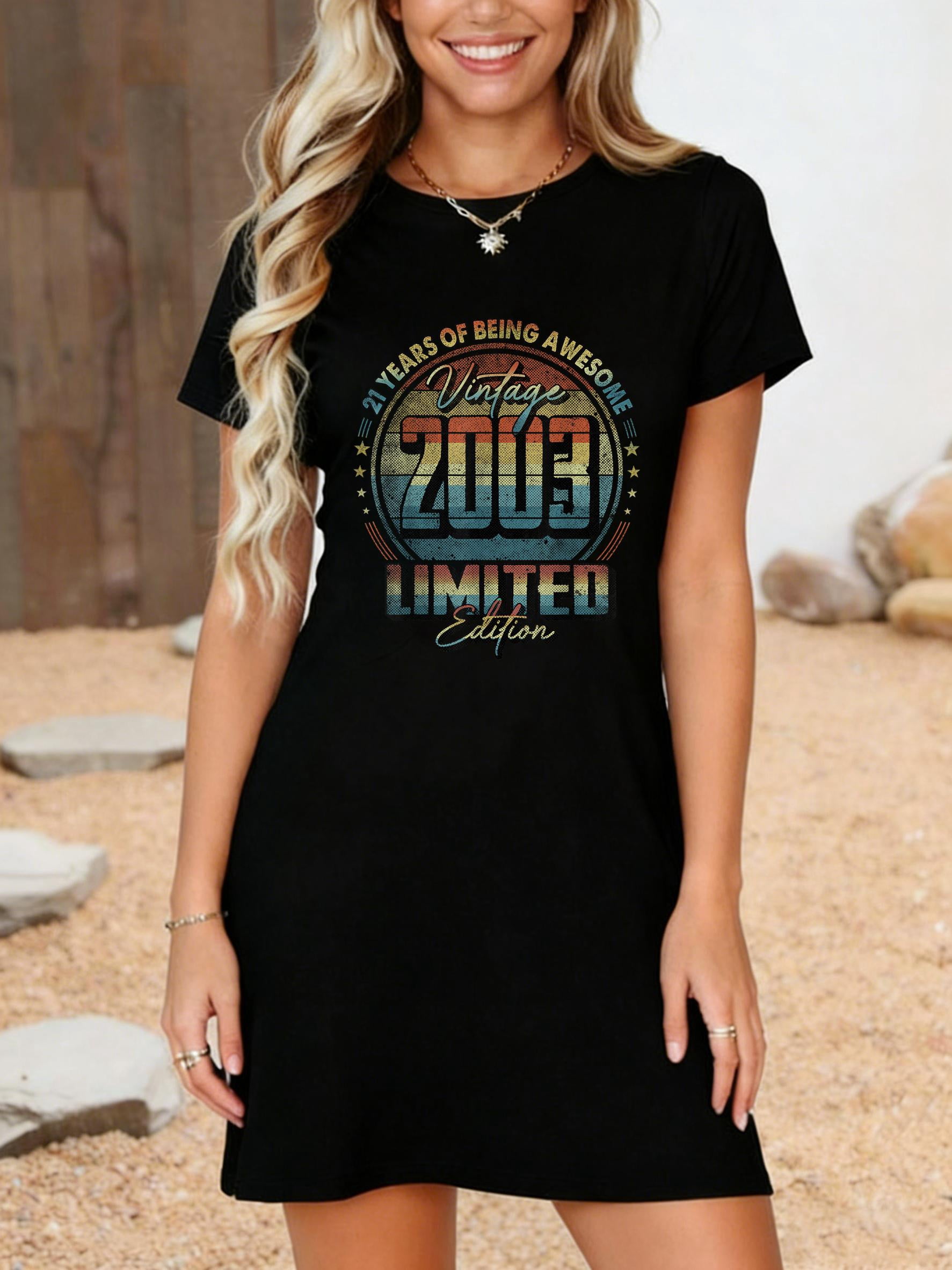 21st birthday summer dresses LGY Vintage 2003 Limited Edition Shirt 21 Year Old T-Shirt Dress Casual Dress Everyday Outfit, Women's, Size: Small, Black Plunging Neckline SELF-PORTRAIT Gathered Asymmetric Midi Length/Linen:Lined bottom only