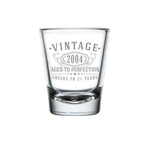 Vintage 2004 Etched 1.75oz 1pk Shot Glass  Happy 21st Birthday Gifts Women Men, Cheers to 21 Years, Turning 21 Year Old Woman Decorations, Anniversary Bday Party Favors Best Gift Ideas 1.0