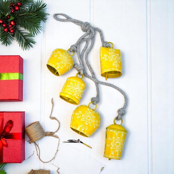 Vivanta Vintage 25 Decorative Bells for Home Decor - Set of 5 Antique Style Hanging Bells, Rustic Metal, Yellow Floral Wind Chime, Perfect for Mantel, Garland, Door & Christmas Decorations