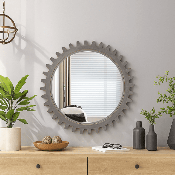 Vintage 26'' x 26'' Wall Wood Round Hanging Gear Shape Heavy Decorative Mirror For Bathroom Living Room Entryway Or Put Together To Your Liking(Antique Dark Brown)