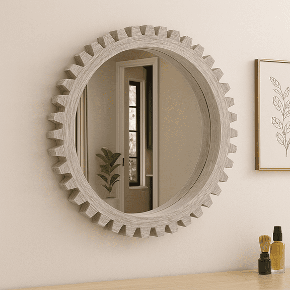 Vintage 26'' x 26'' Wall Wood Round Hanging Gear Shape Heavy Decorative Mirror For Bathroom Living Room Entryway Or Put Together To Your Liking.(Antique White Washed)