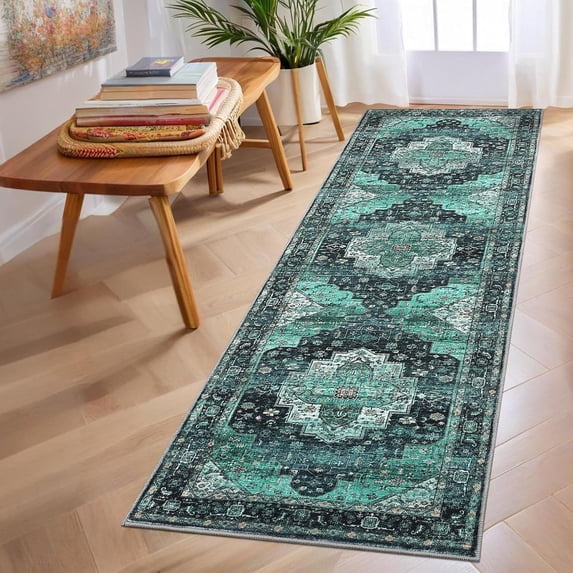Vintage 2x6 Washable Runner Rug – Non-Slip Non-Shedding Foldable Distressed Traditional Carpet for Kitchen Bedroom Entryway Bathroom Green.