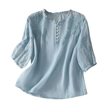 Vintage 3/4 Sleeve Linen Tunic Tops for Women Floral Embroidered Tops Peasant Blouse Boho Shirts Bohemian Casual Tee